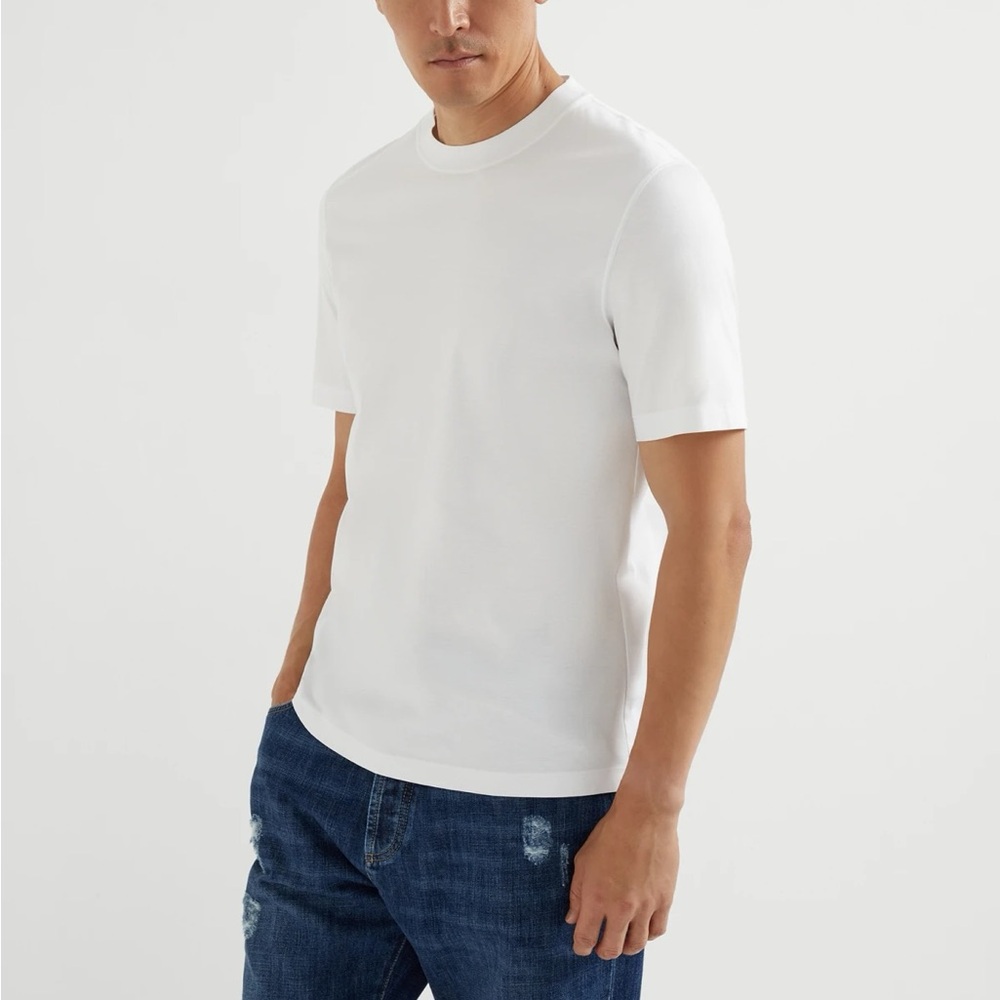 NWT Brunello Cucinelli Cotton Jersey Crew T-Shirt White Medium Regular Fit